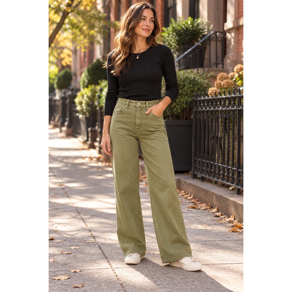Madewell Emmett Wide-Leg Pants Olive Green High-Rise Size 26 Stretch Cotton